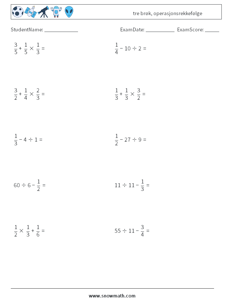 (10) tre brøk, operasjonsrekkefølge MathWorksheets 8