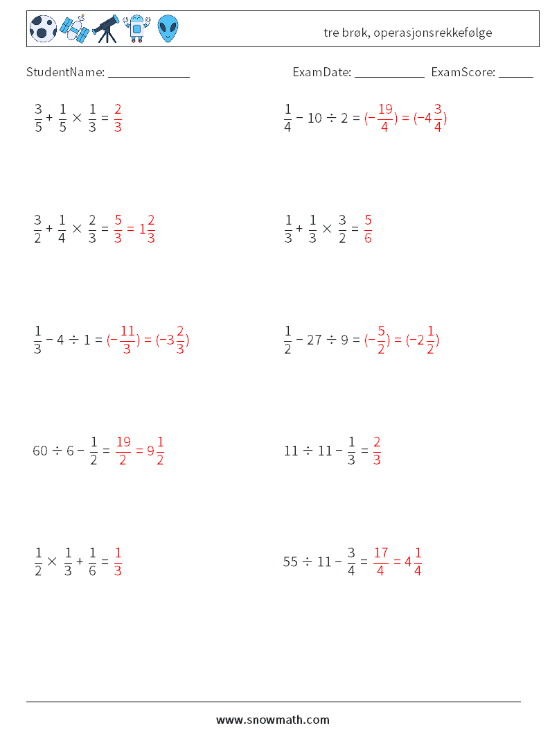 (10) tre brøk, operasjonsrekkefølge MathWorksheets 8 QuestionAnswer