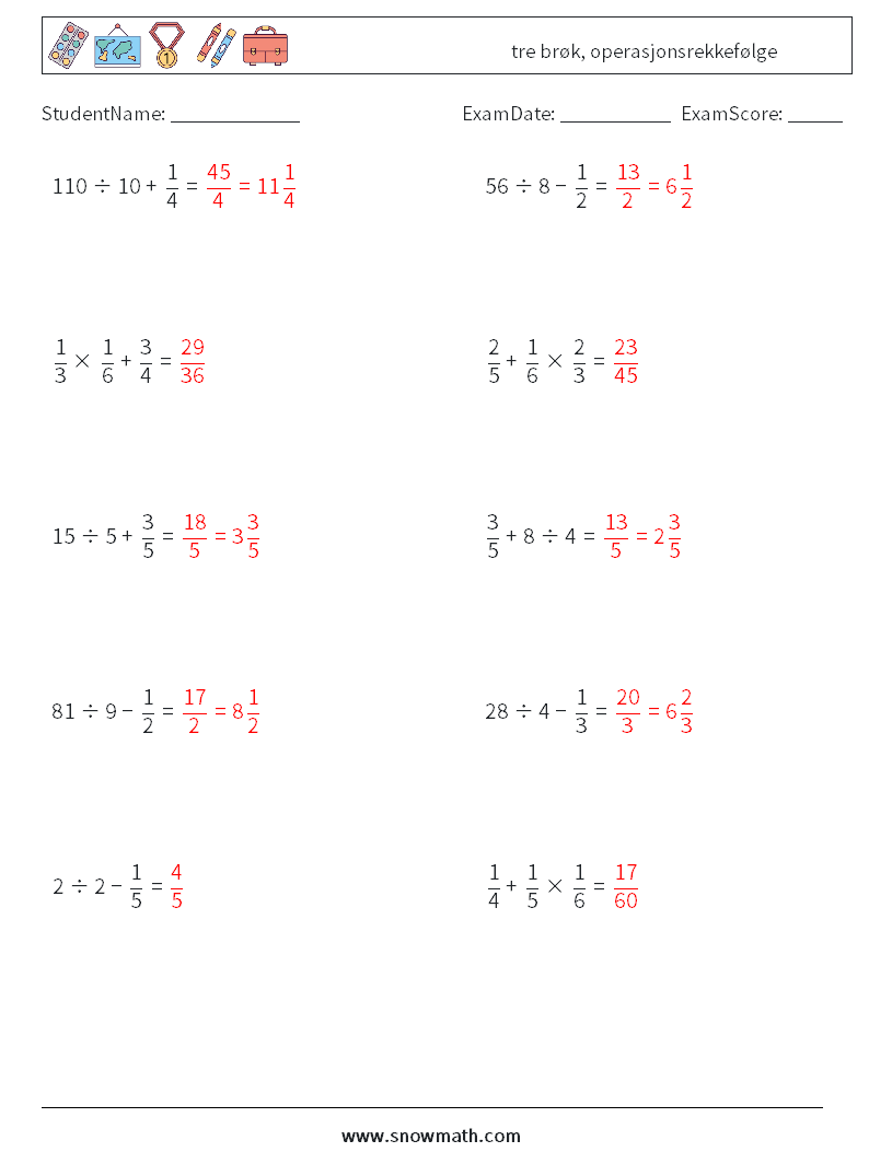 (10) tre brøk, operasjonsrekkefølge MathWorksheets 9 QuestionAnswer