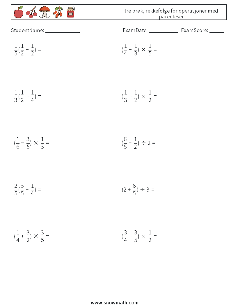 (10) tre brøk, rekkefølge for operasjoner med parenteser MathWorksheets 10