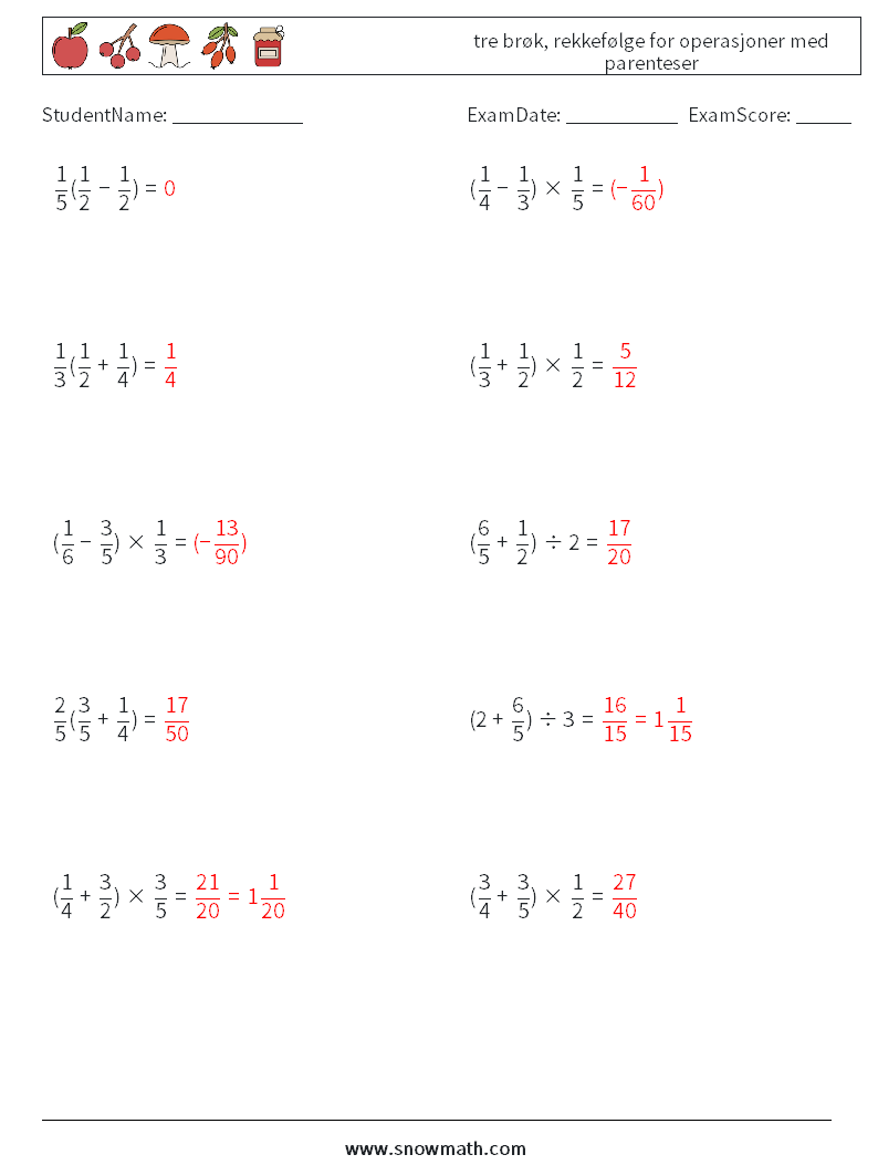 (10) tre brøk, rekkefølge for operasjoner med parenteser MathWorksheets 10 QuestionAnswer