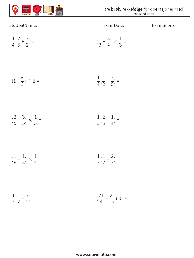 (10) tre brøk, rekkefølge for operasjoner med parenteser MathWorksheets 11