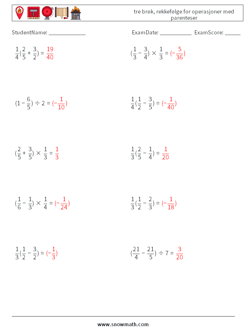 (10) tre brøk, rekkefølge for operasjoner med parenteser MathWorksheets 11 QuestionAnswer