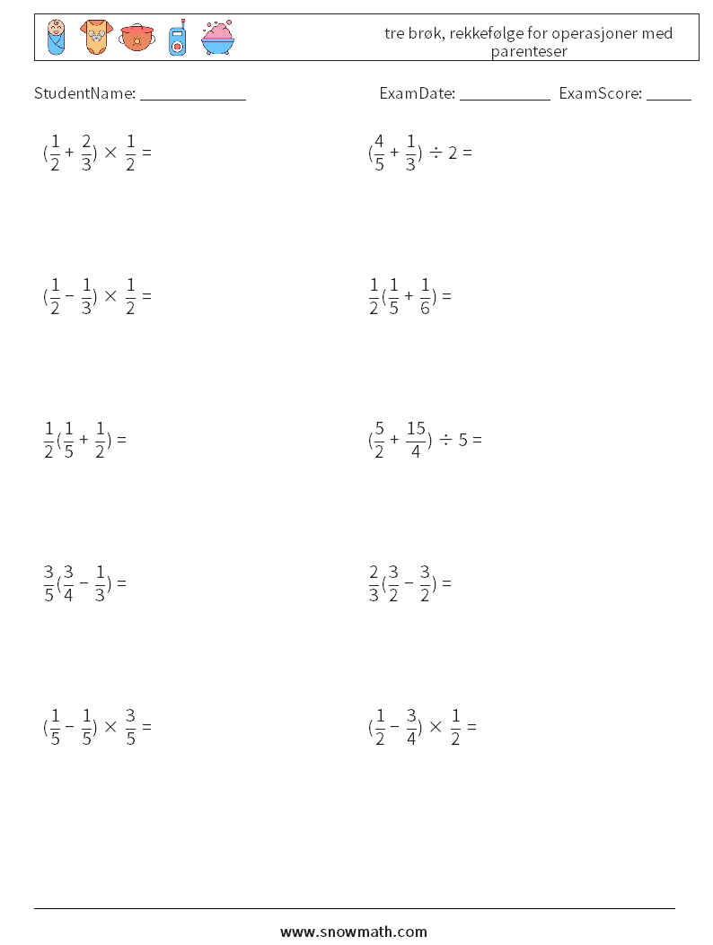 (10) tre brøk, rekkefølge for operasjoner med parenteser MathWorksheets 12