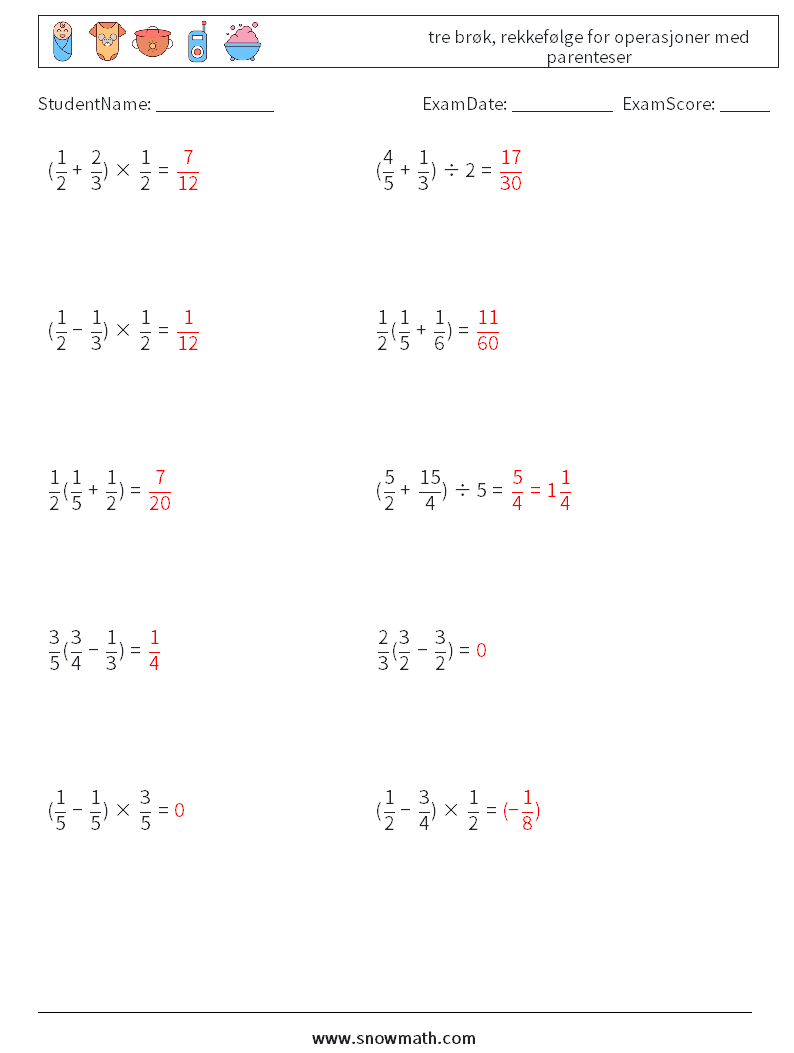 (10) tre brøk, rekkefølge for operasjoner med parenteser MathWorksheets 12 QuestionAnswer