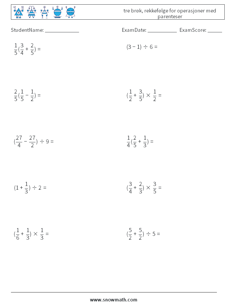 (10) tre brøk, rekkefølge for operasjoner med parenteser MathWorksheets 13