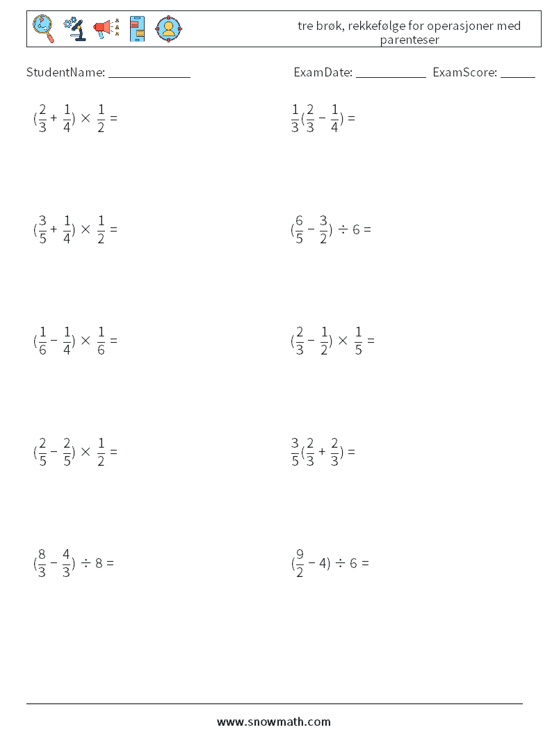 (10) tre brøk, rekkefølge for operasjoner med parenteser MathWorksheets 14