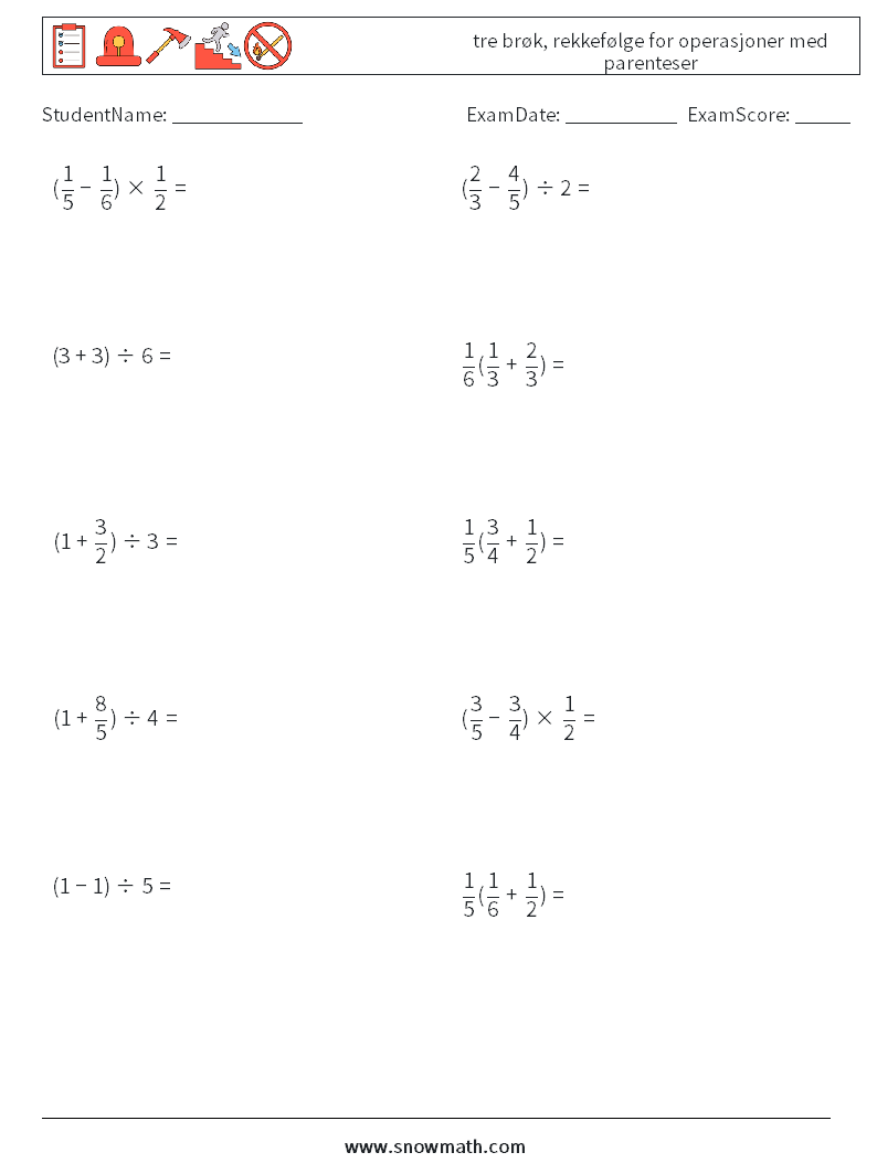 (10) tre brøk, rekkefølge for operasjoner med parenteser MathWorksheets 15