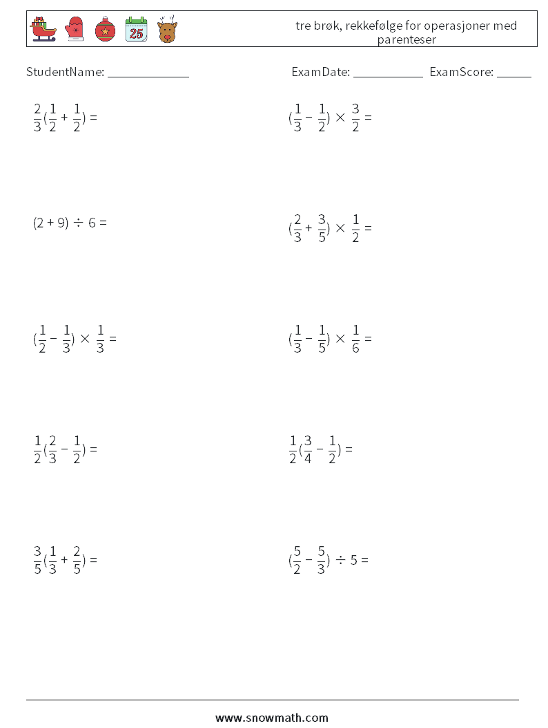 (10) tre brøk, rekkefølge for operasjoner med parenteser MathWorksheets 16