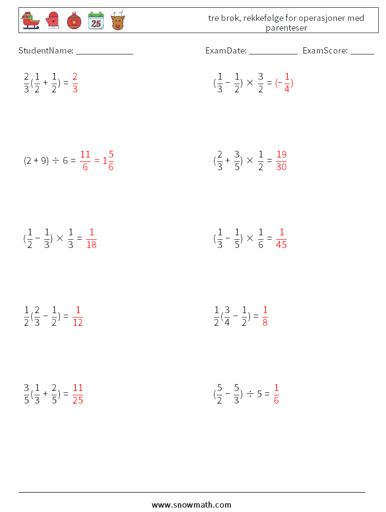 (10) tre brøk, rekkefølge for operasjoner med parenteser MathWorksheets 16 QuestionAnswer