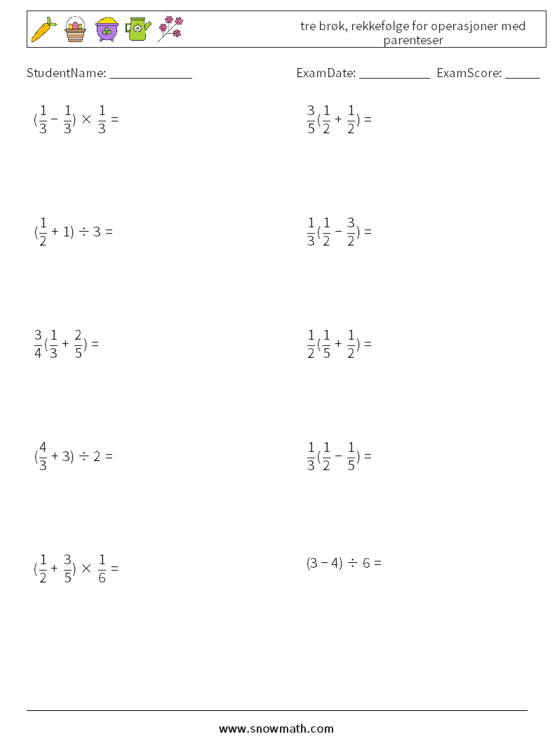 (10) tre brøk, rekkefølge for operasjoner med parenteser MathWorksheets 17