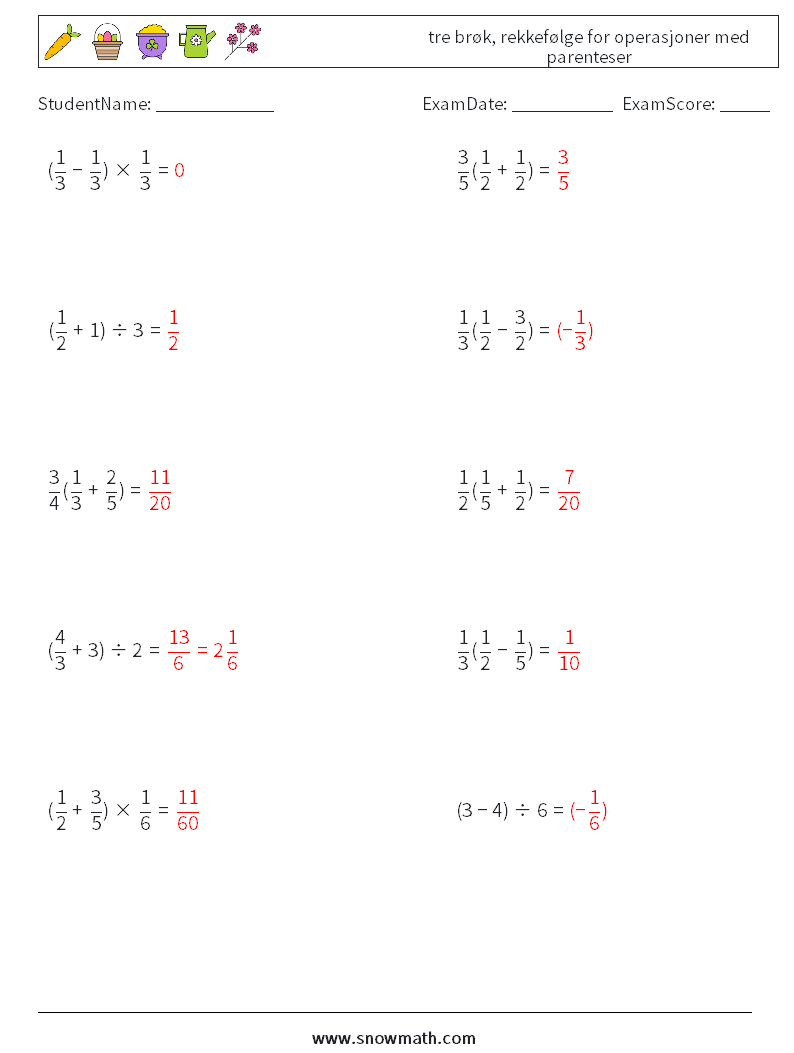 (10) tre brøk, rekkefølge for operasjoner med parenteser MathWorksheets 17 QuestionAnswer