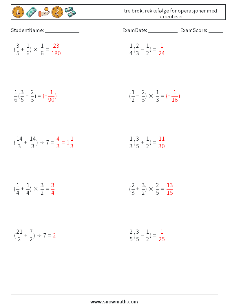 (10) tre brøk, rekkefølge for operasjoner med parenteser MathWorksheets 18 QuestionAnswer