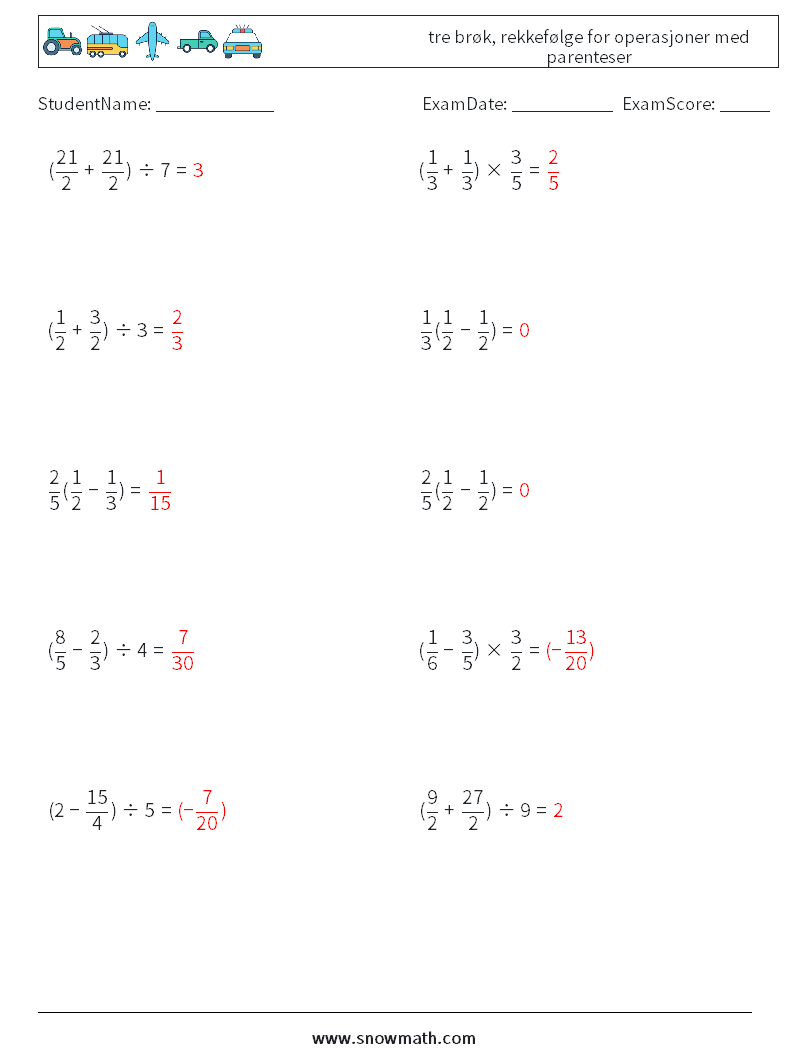 (10) tre brøk, rekkefølge for operasjoner med parenteser MathWorksheets 2 QuestionAnswer