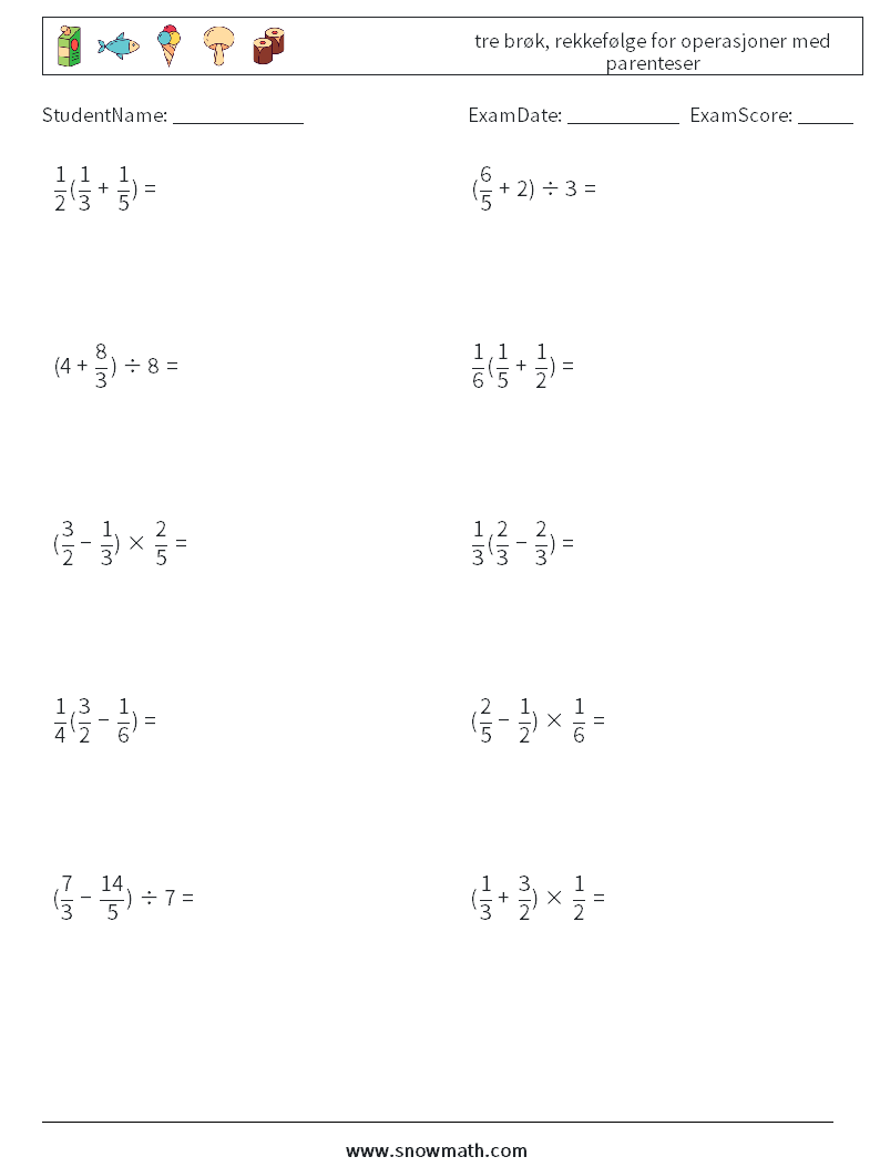 (10) tre brøk, rekkefølge for operasjoner med parenteser MathWorksheets 3