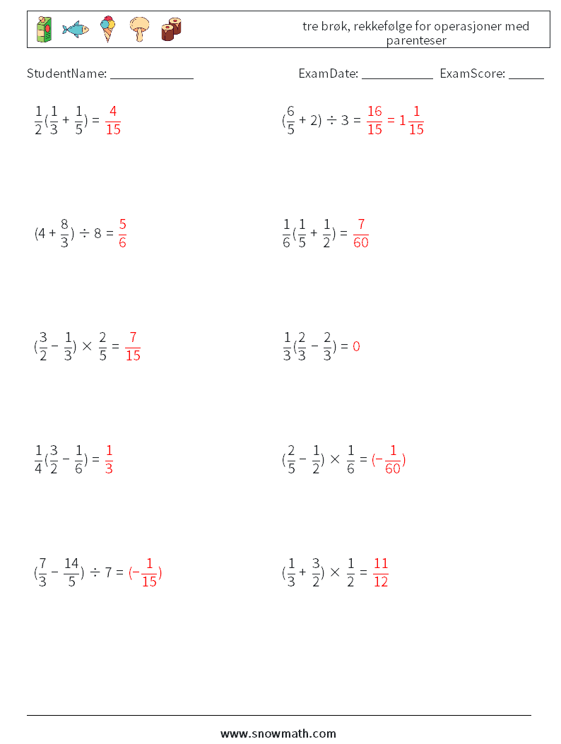 (10) tre brøk, rekkefølge for operasjoner med parenteser MathWorksheets 3 QuestionAnswer