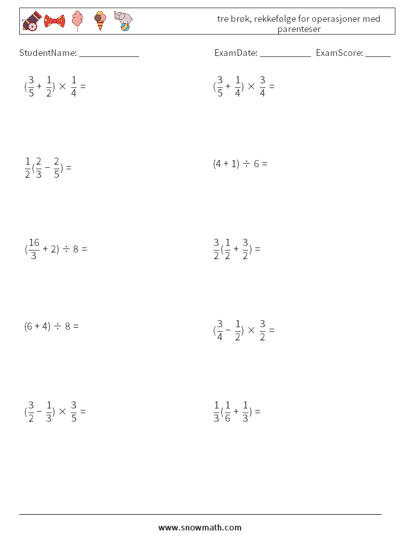 (10) tre brøk, rekkefølge for operasjoner med parenteser MathWorksheets 4