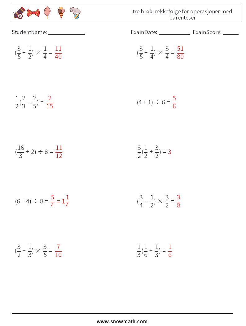 (10) tre brøk, rekkefølge for operasjoner med parenteser MathWorksheets 4 QuestionAnswer