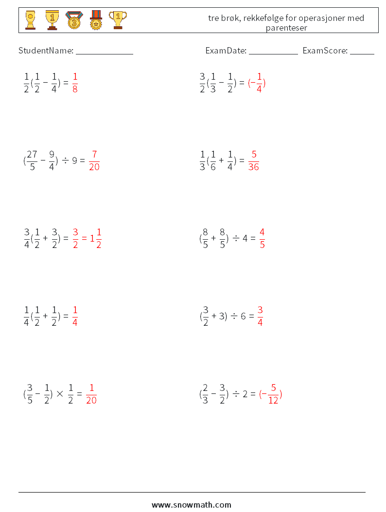 (10) tre brøk, rekkefølge for operasjoner med parenteser MathWorksheets 6 QuestionAnswer