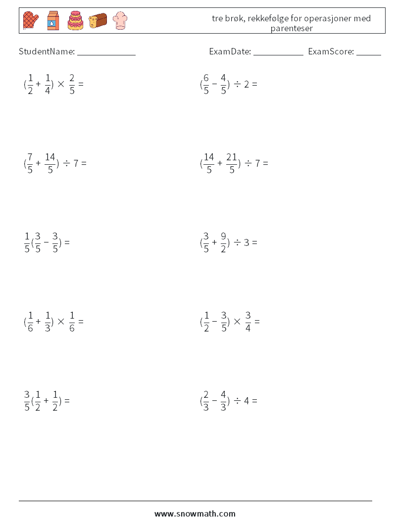 (10) tre brøk, rekkefølge for operasjoner med parenteser MathWorksheets 7