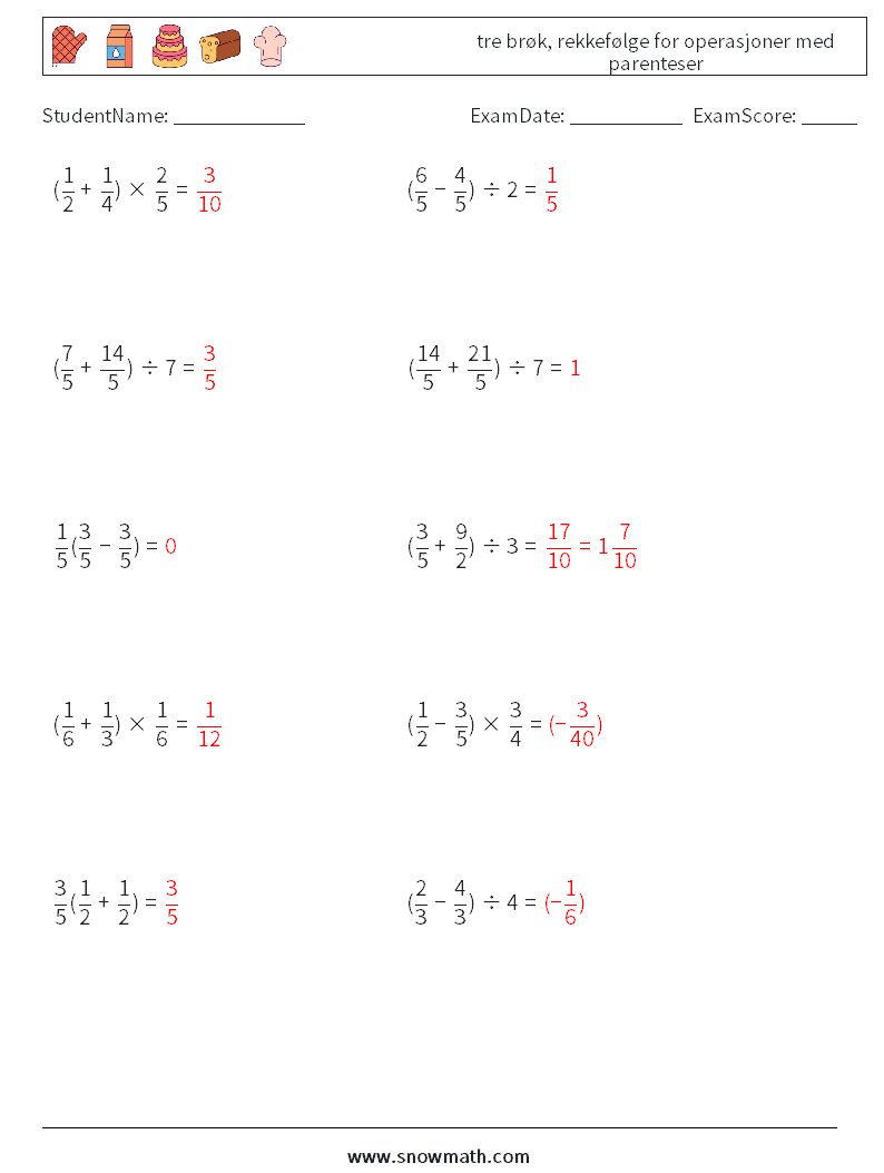 (10) tre brøk, rekkefølge for operasjoner med parenteser MathWorksheets 7 QuestionAnswer