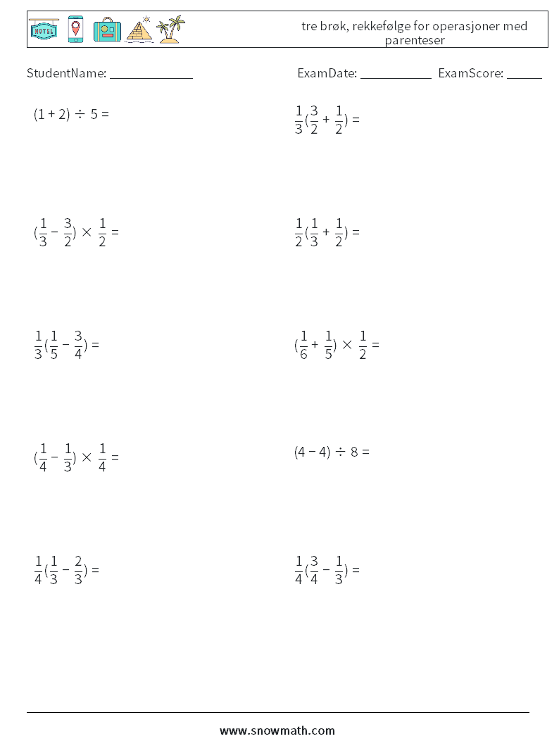 (10) tre brøk, rekkefølge for operasjoner med parenteser MathWorksheets 8