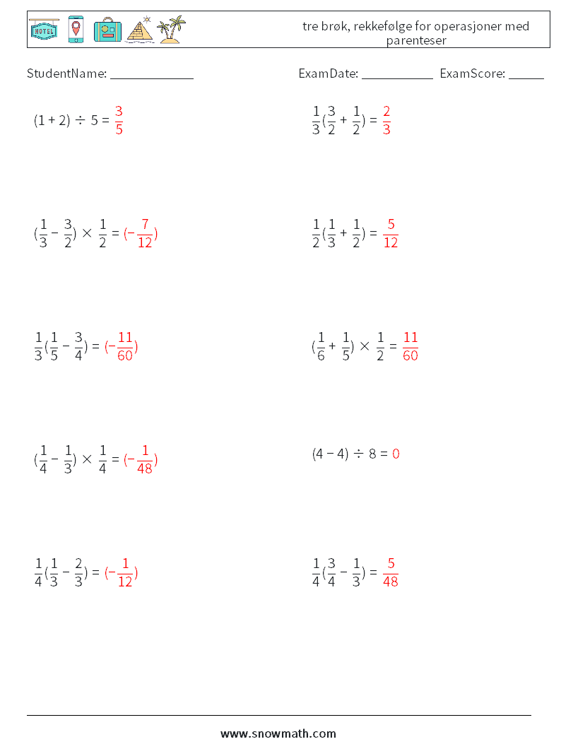 (10) tre brøk, rekkefølge for operasjoner med parenteser MathWorksheets 8 QuestionAnswer