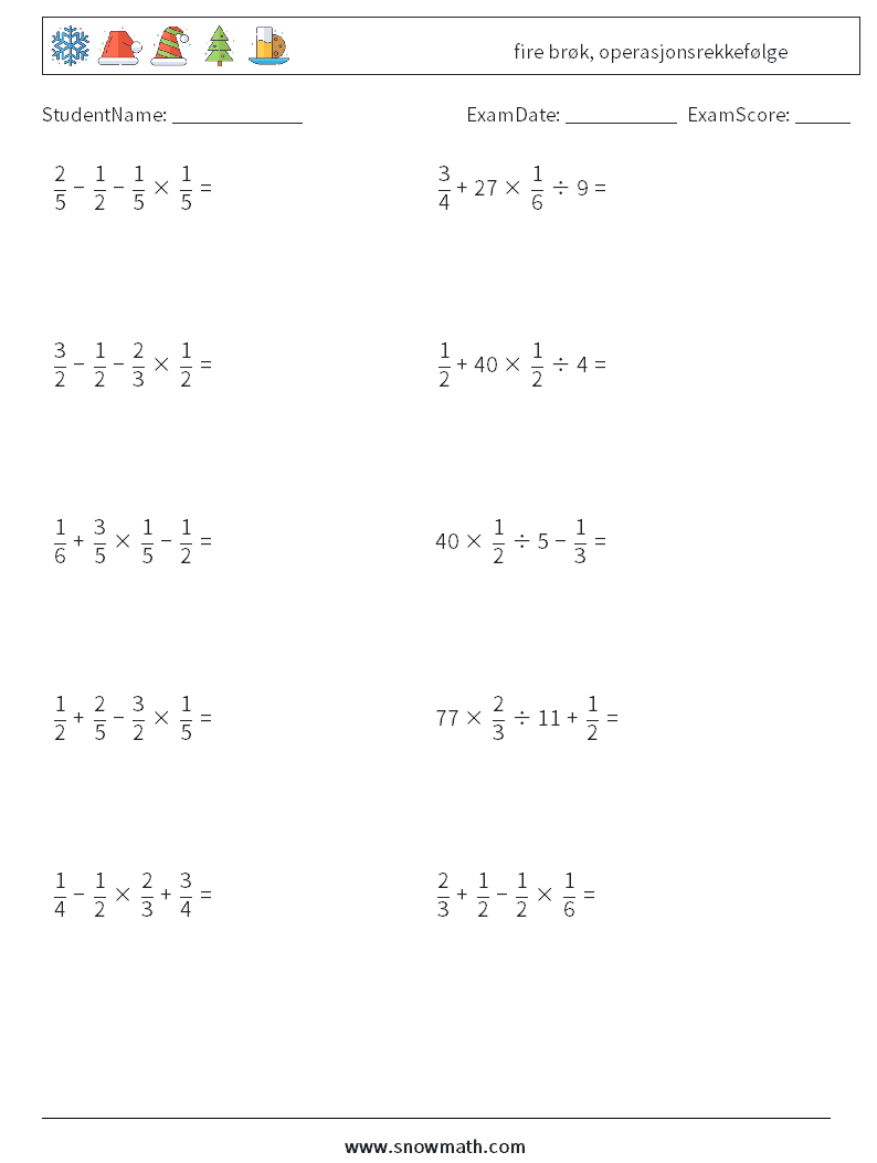 (10) fire brøk, operasjonsrekkefølge MathWorksheets 1