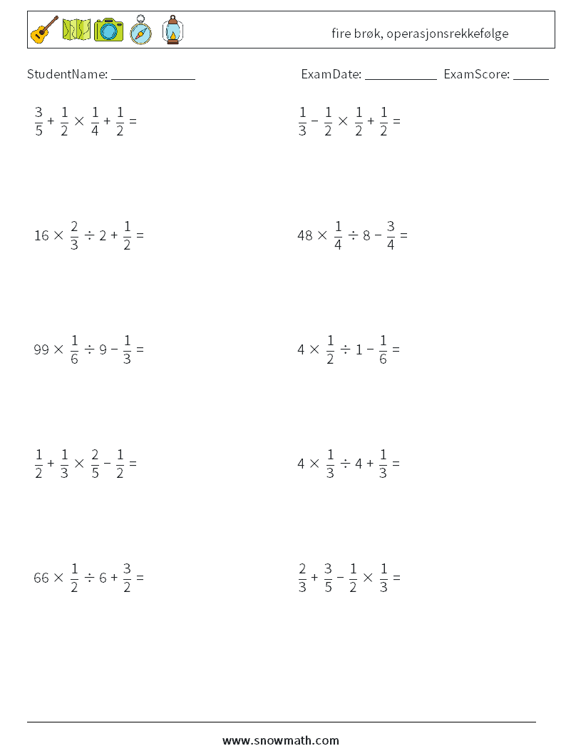 (10) fire brøk, operasjonsrekkefølge MathWorksheets 10