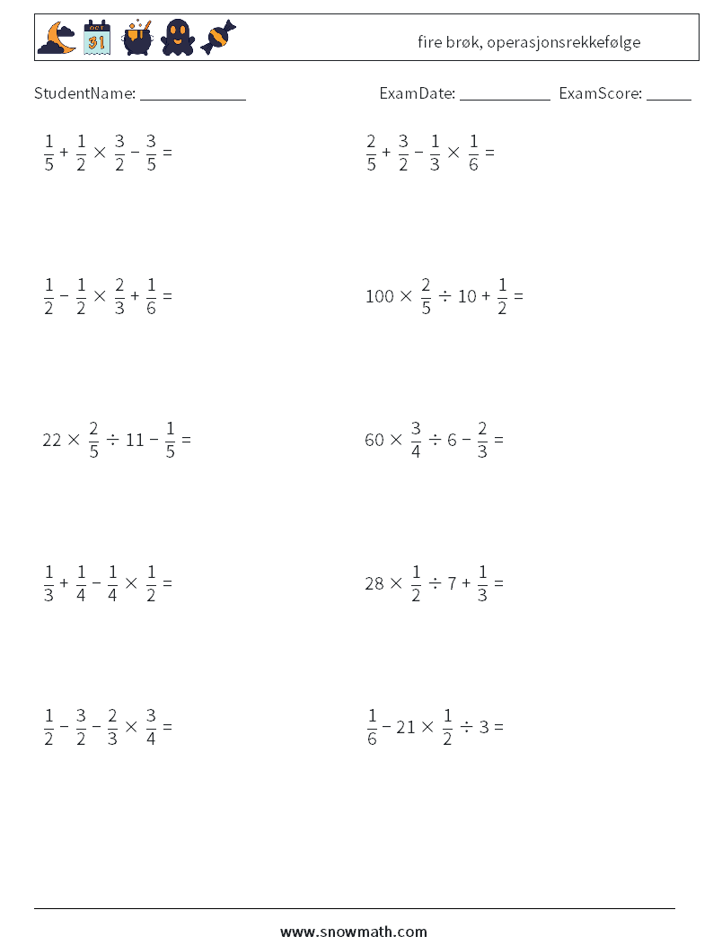 (10) fire brøk, operasjonsrekkefølge MathWorksheets 11