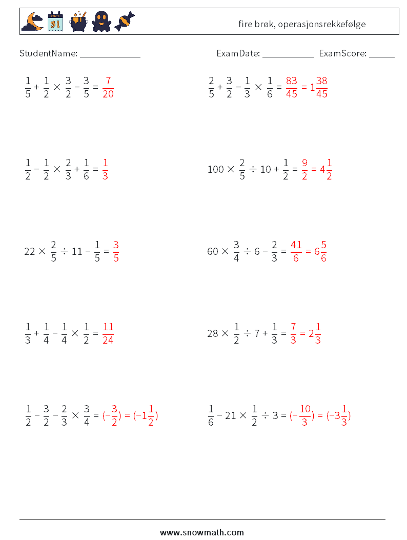 (10) fire brøk, operasjonsrekkefølge MathWorksheets 11 QuestionAnswer