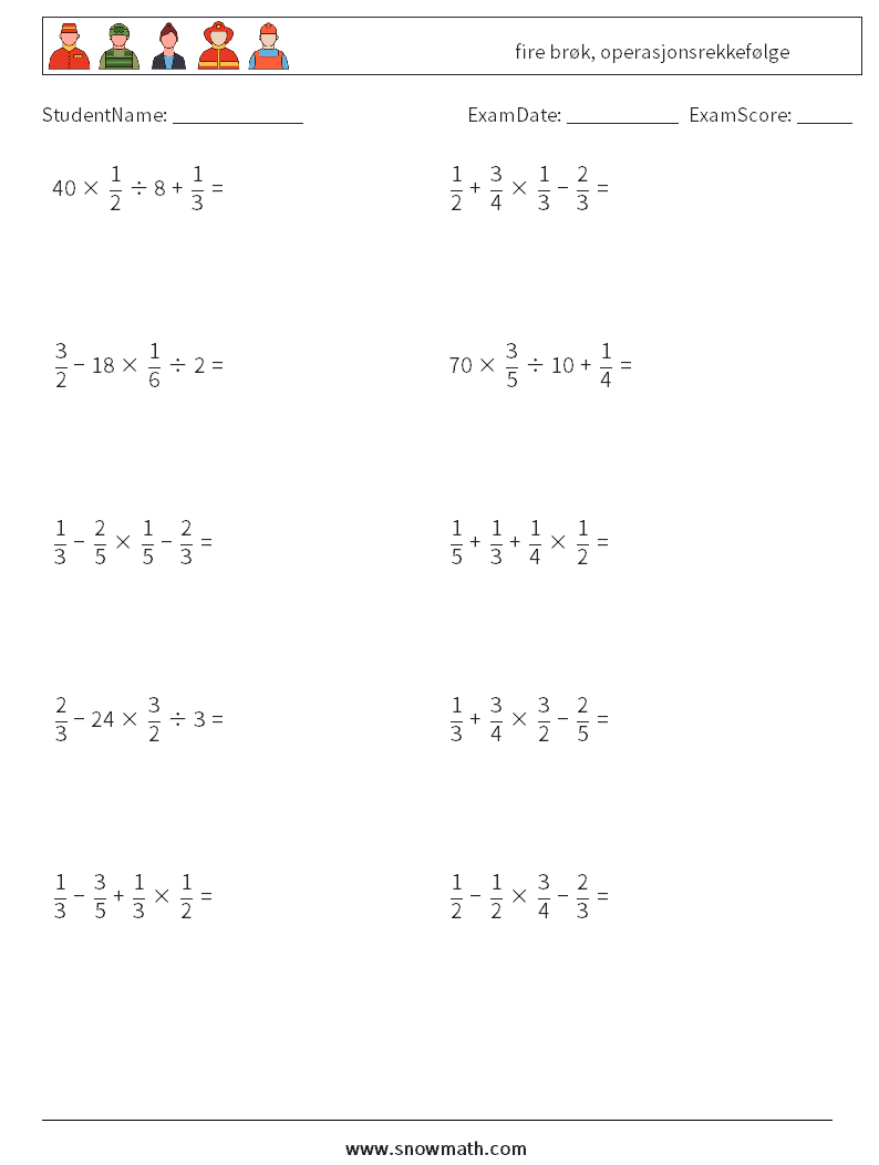 (10) fire brøk, operasjonsrekkefølge MathWorksheets 12