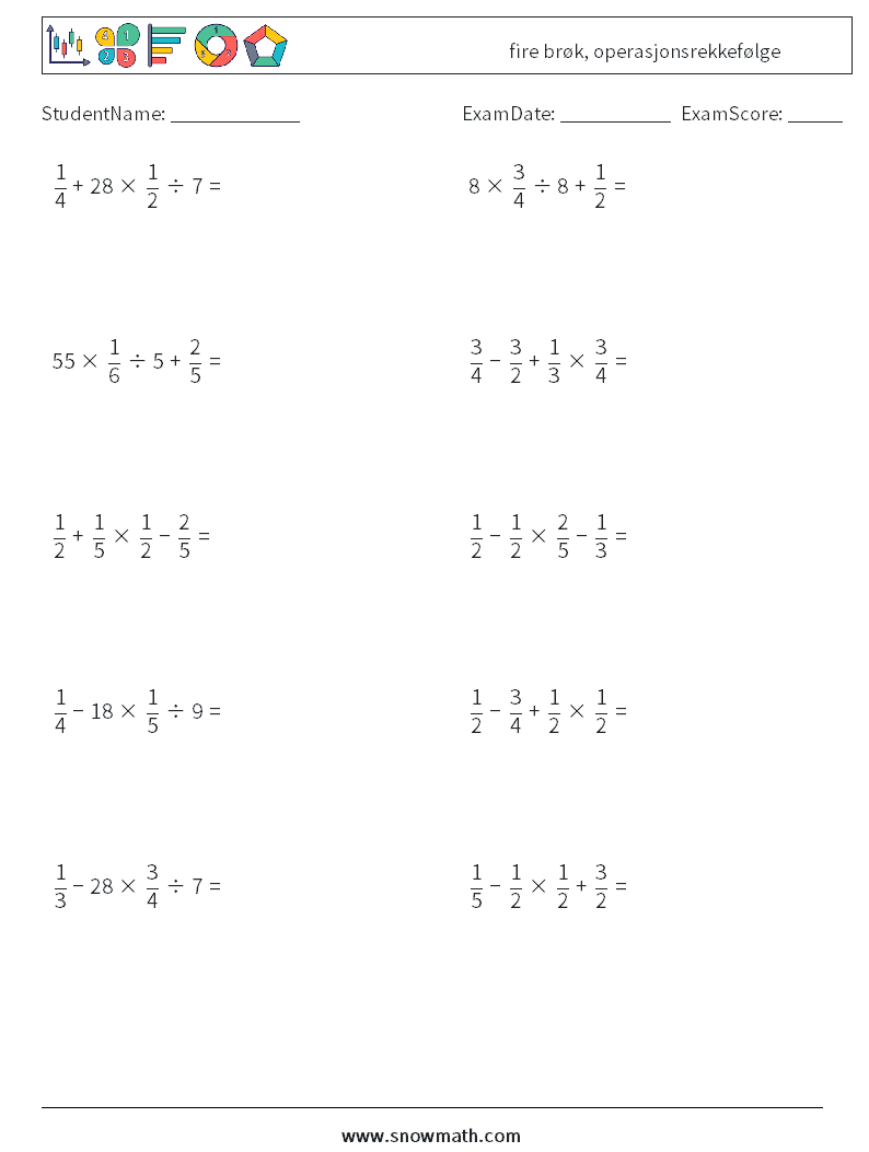 (10) fire brøk, operasjonsrekkefølge MathWorksheets 14