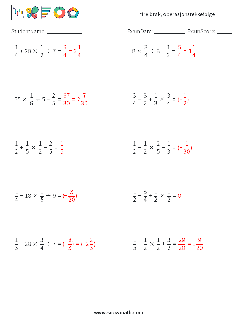 (10) fire brøk, operasjonsrekkefølge MathWorksheets 14 QuestionAnswer