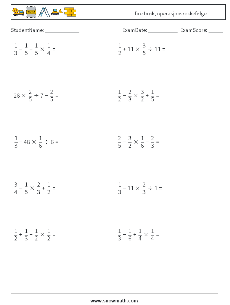 (10) fire brøk, operasjonsrekkefølge MathWorksheets 15