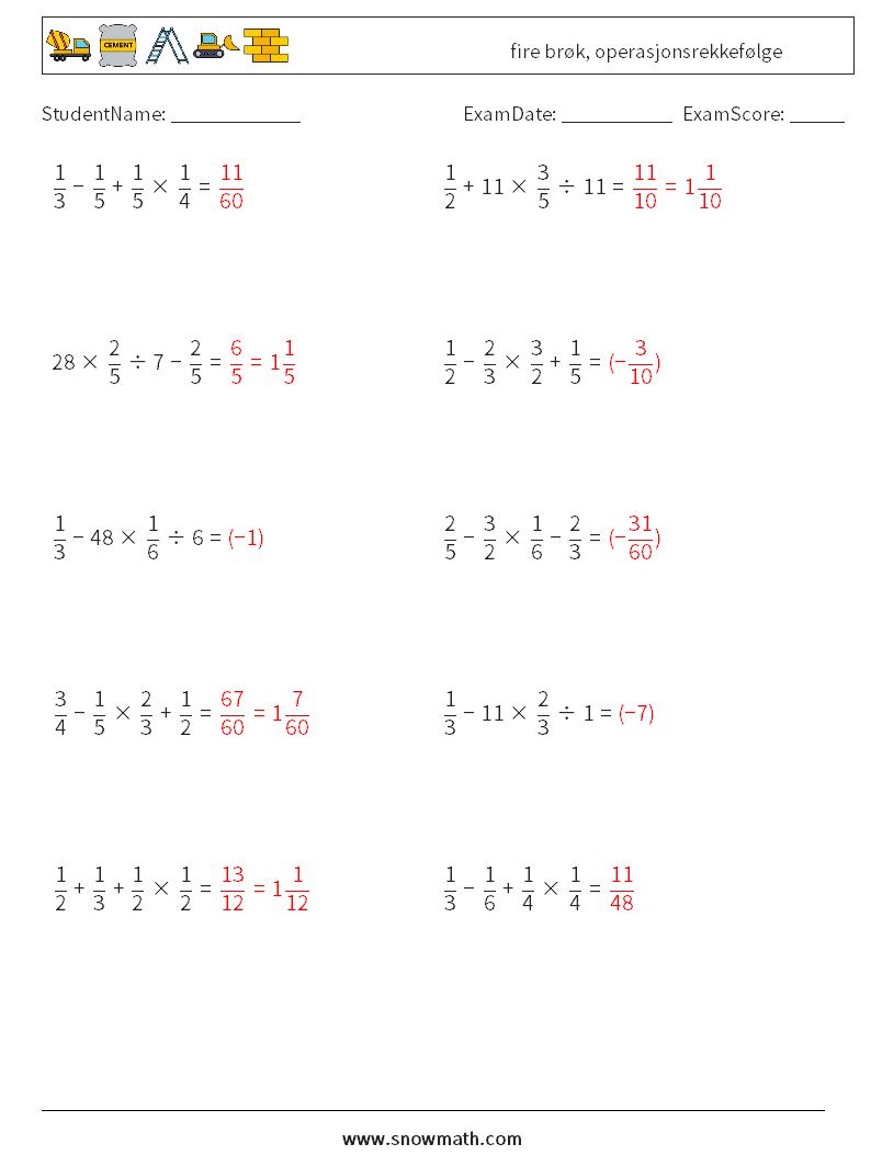 (10) fire brøk, operasjonsrekkefølge MathWorksheets 15 QuestionAnswer