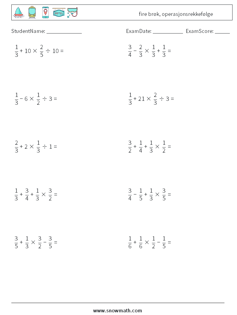 (10) fire brøk, operasjonsrekkefølge MathWorksheets 16