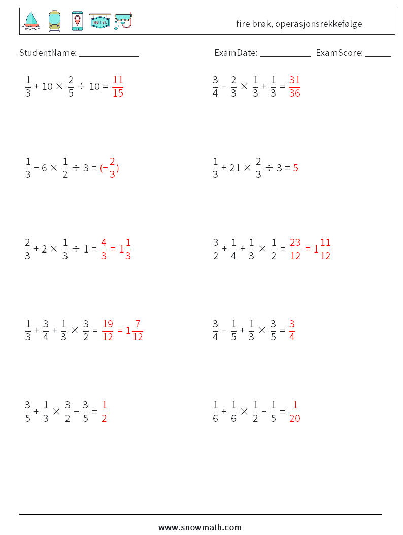 (10) fire brøk, operasjonsrekkefølge MathWorksheets 16 QuestionAnswer