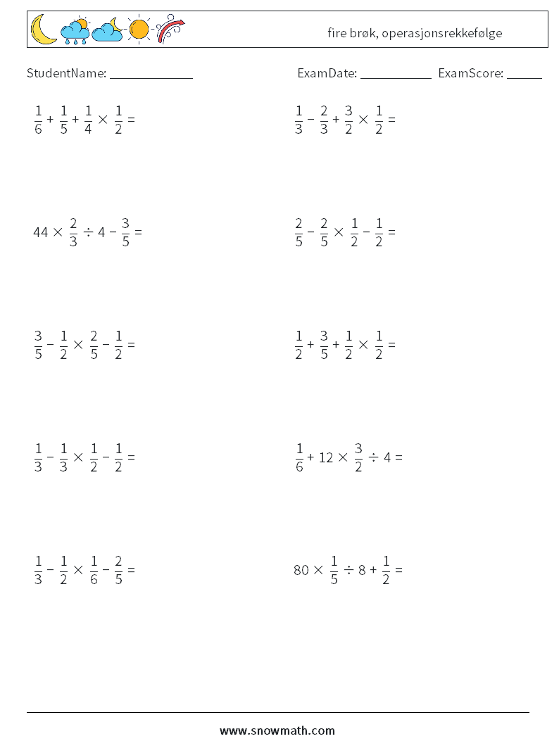 (10) fire brøk, operasjonsrekkefølge MathWorksheets 17