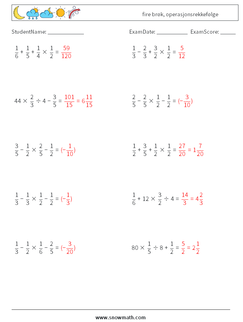 (10) fire brøk, operasjonsrekkefølge MathWorksheets 17 QuestionAnswer