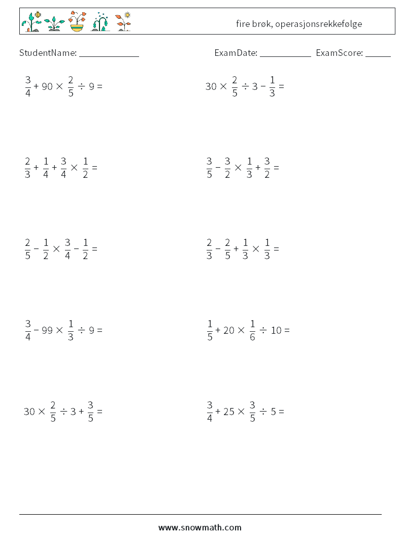 (10) fire brøk, operasjonsrekkefølge MathWorksheets 18