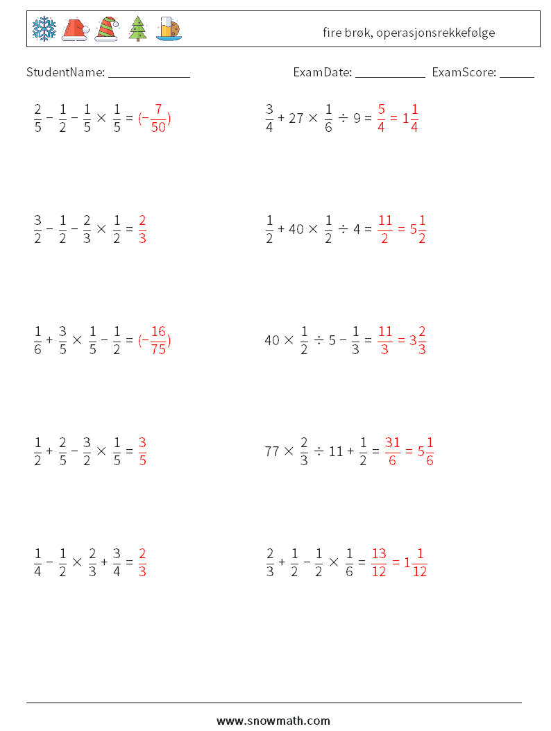 (10) fire brøk, operasjonsrekkefølge MathWorksheets 1 QuestionAnswer