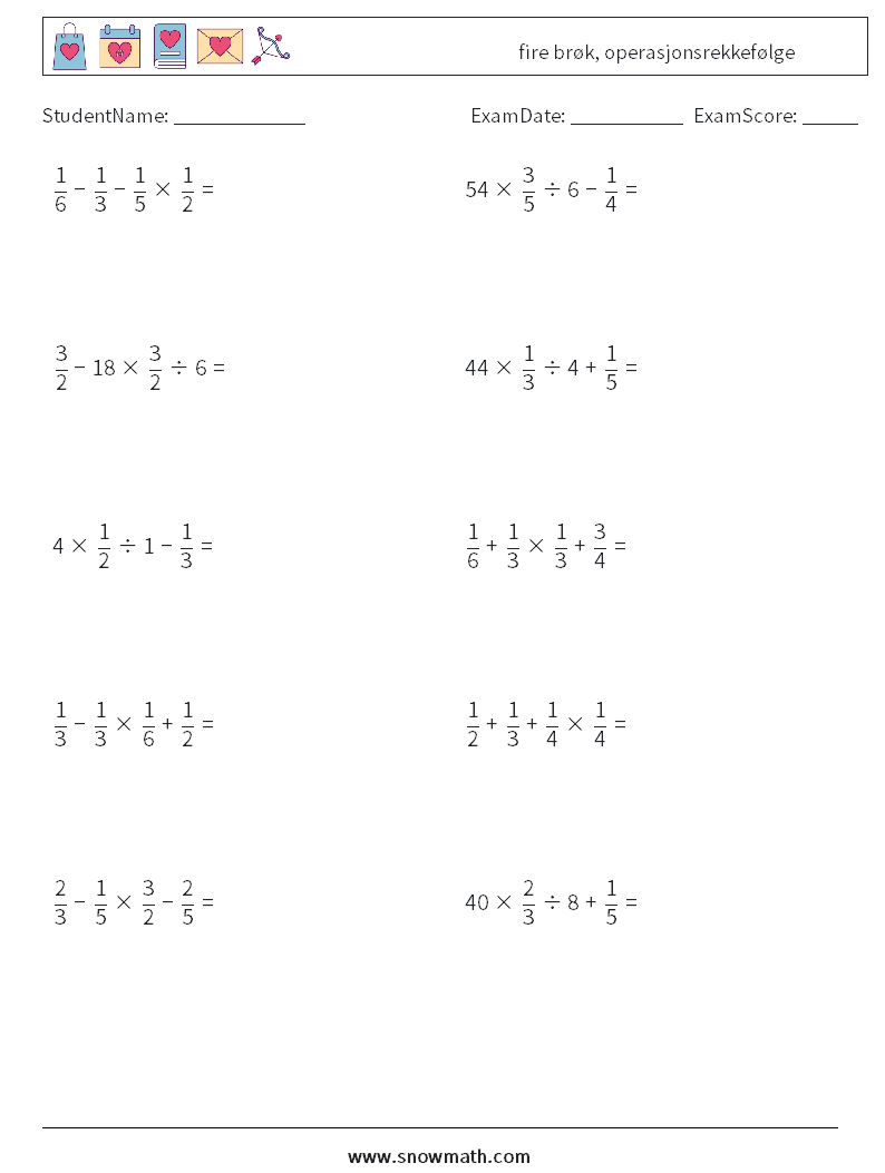 (10) fire brøk, operasjonsrekkefølge MathWorksheets 2