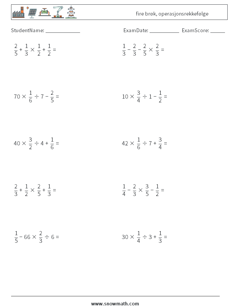 (10) fire brøk, operasjonsrekkefølge MathWorksheets 3