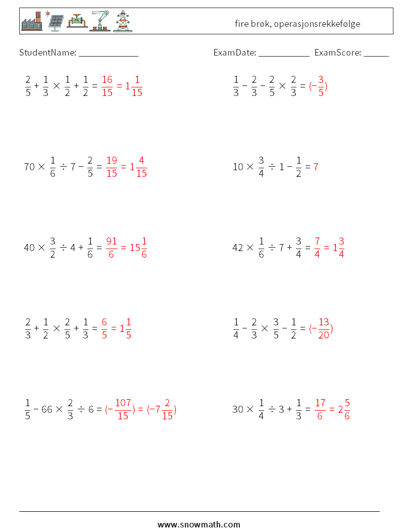 (10) fire brøk, operasjonsrekkefølge MathWorksheets 3 QuestionAnswer