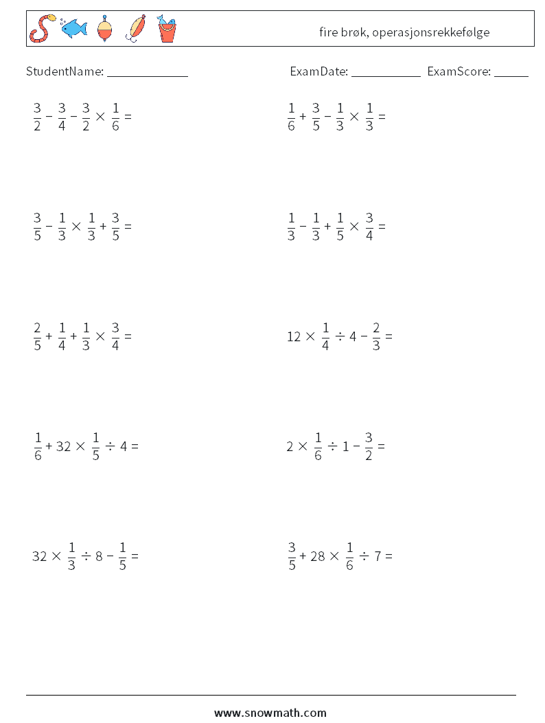 (10) fire brøk, operasjonsrekkefølge MathWorksheets 4