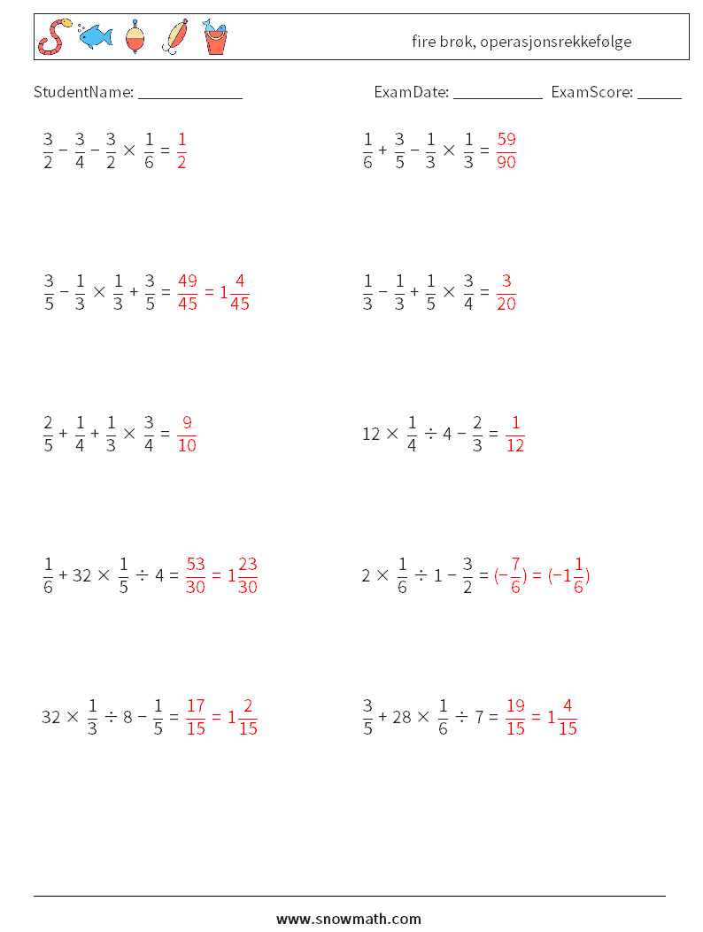 (10) fire brøk, operasjonsrekkefølge MathWorksheets 4 QuestionAnswer