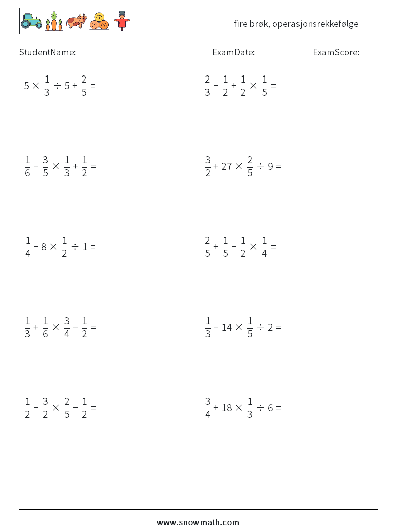 (10) fire brøk, operasjonsrekkefølge MathWorksheets 5