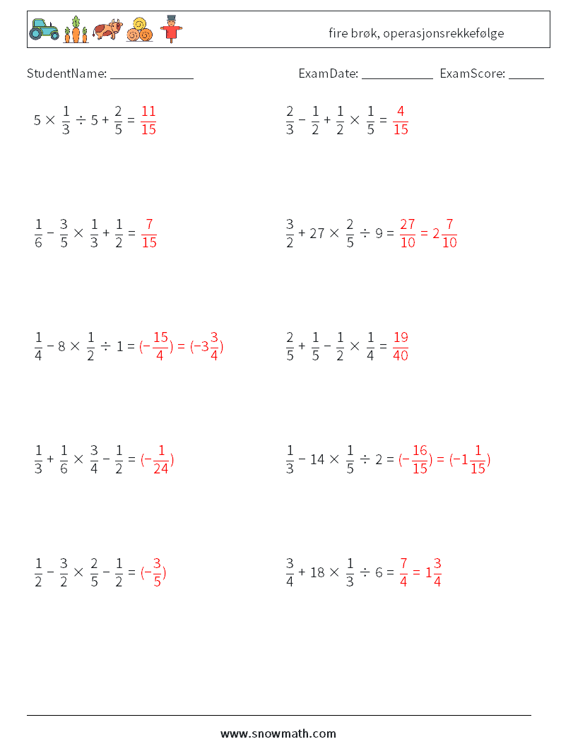 (10) fire brøk, operasjonsrekkefølge MathWorksheets 5 QuestionAnswer