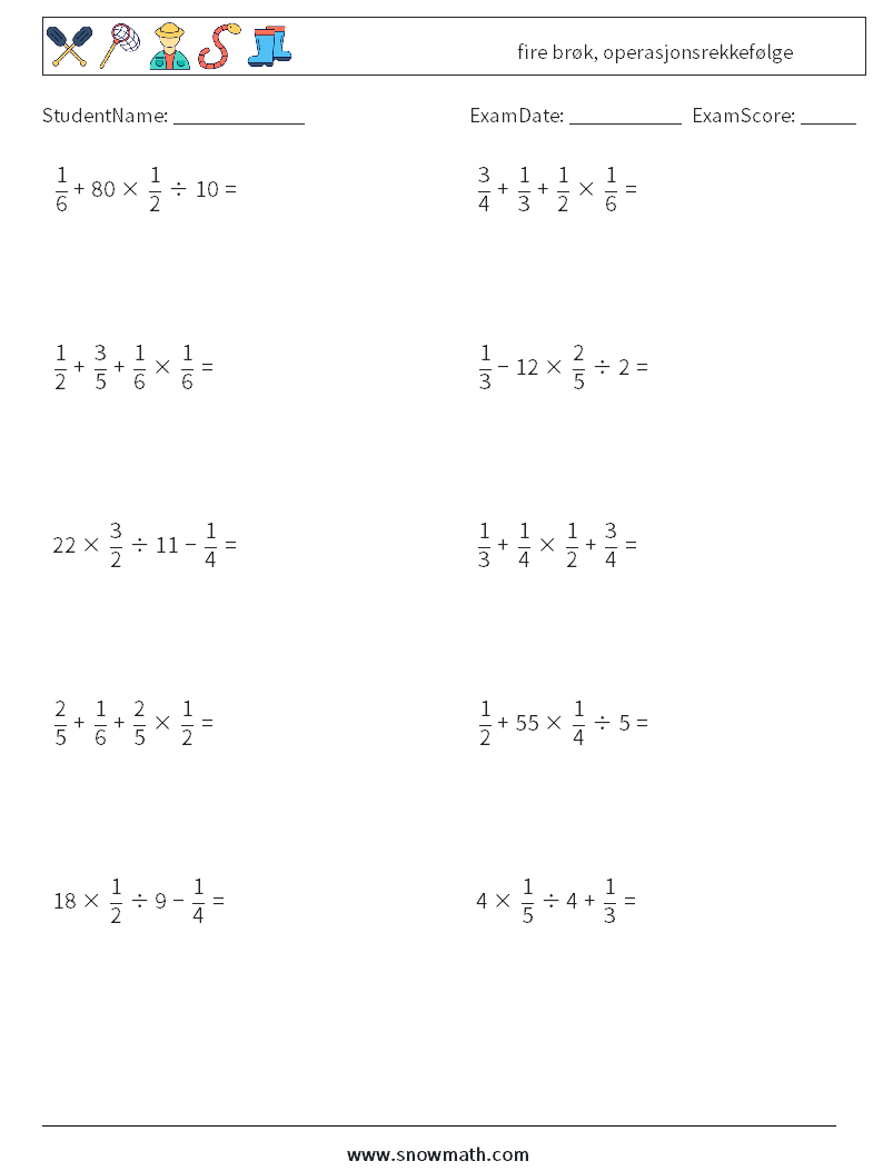 (10) fire brøk, operasjonsrekkefølge MathWorksheets 6